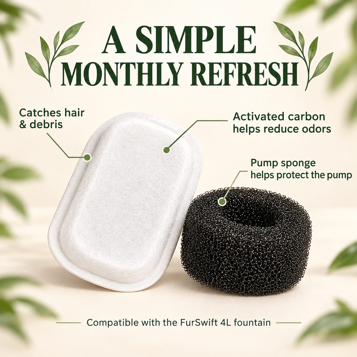 FurSwift fountain filter cartridge and pump sponge monthly replacement benefits