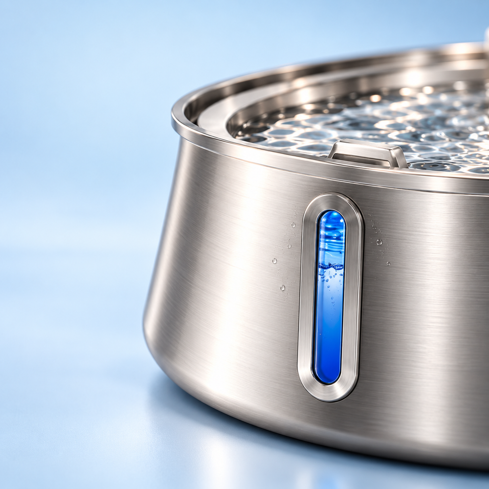 Close-up of the FurSwift stainless-steel drinking fountain and its blue water-level window