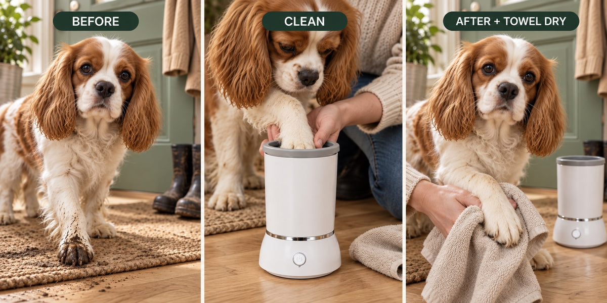 AI illustration showing the same dog's muddy paw, paw-cleaner use, and towel drying; not an actual product test.