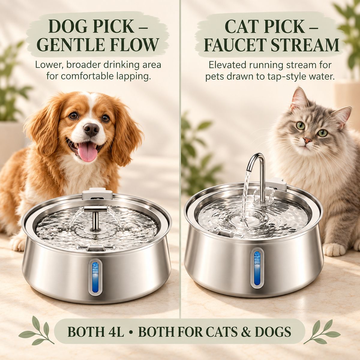 Guide comparing the Gentle Flow fountain for dogs and Faucet Stream fountain for cats