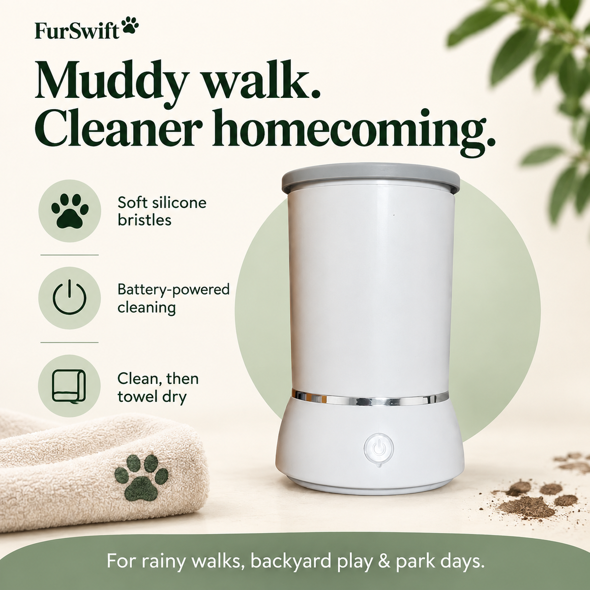 White FurSwift paw cleaner with soft silicone, battery-powered cleaning and towel-drying callouts