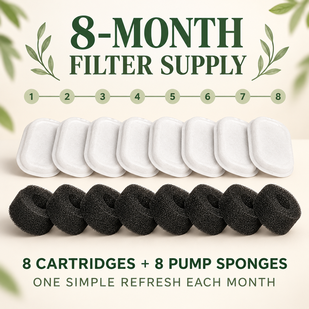 Eight replacement cartridges and eight pump sponges for the FurSwift pet fountain
