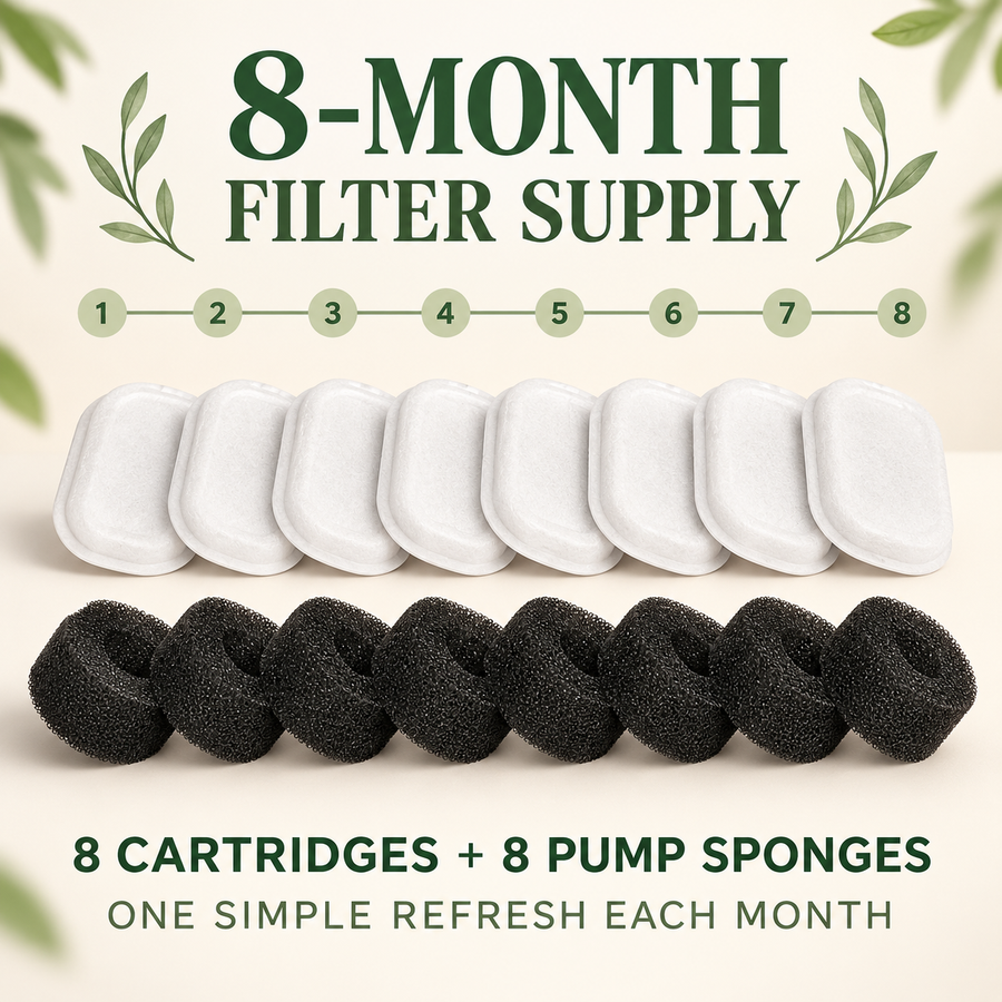 Eight replacement cartridges and eight pump sponges for the FurSwift pet fountain