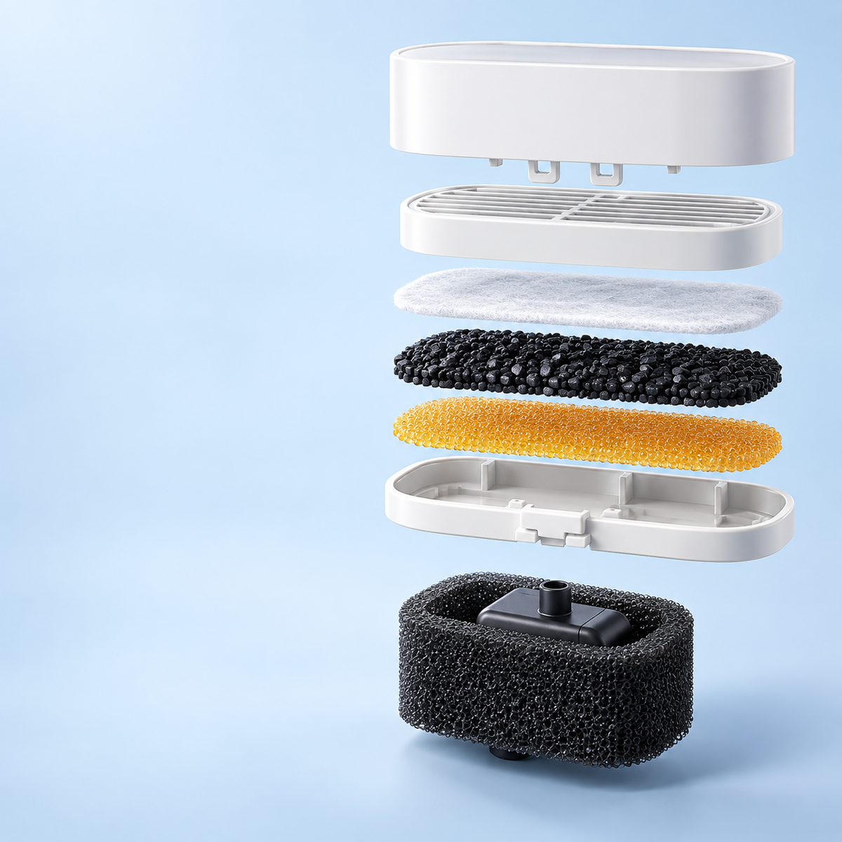 Exploded view of the FurSwift fountain filtration components: grid, filter media, activated carbon, resin and pump sponge