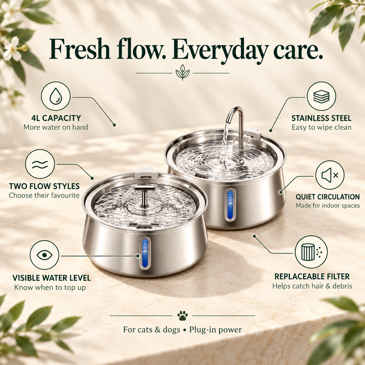 FurSwift fountain benefits: 4L capacity, stainless steel, two flow styles, quiet circulation, visible water level and replaceable filter; for cats and dogs, with plug-in power