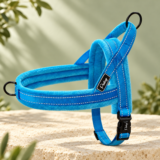 Blue padded FurSwift strap harness on an ivory stone display in a softly lit sage studio