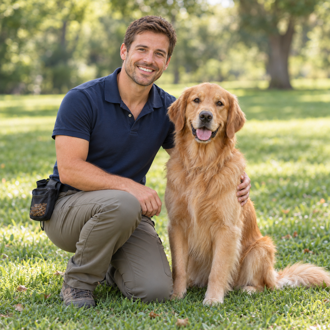 John Kenny with a golden retriever
