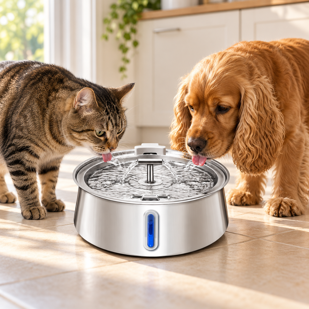 Cat and dog beside a FurSwift stainless-steel pet water fountain