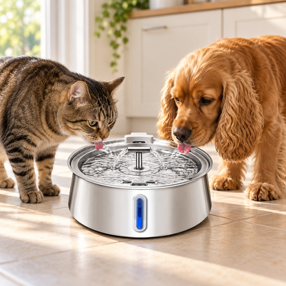 Cat and dog beside a FurSwift stainless-steel pet water fountain