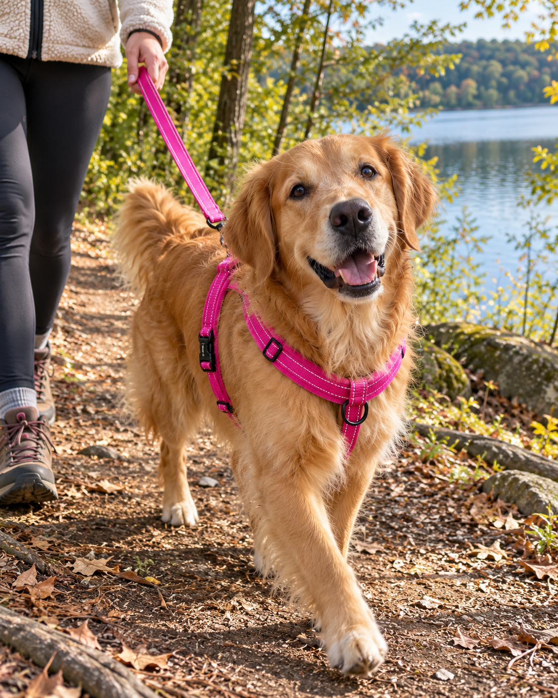 Golden retriever wearing a black padded harness on a relaxed park walk