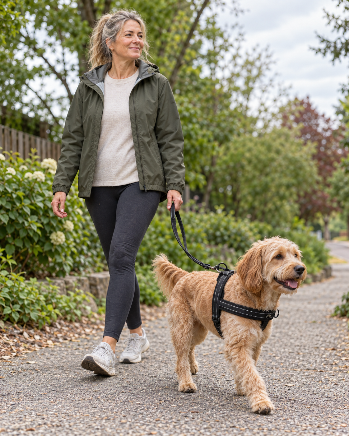 Golden retriever wearing a black padded harness on a relaxed park walk