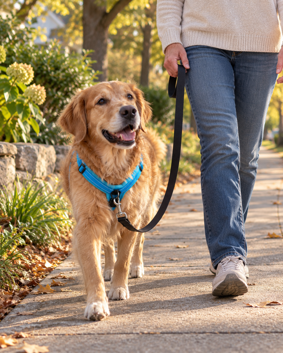 Golden retriever wearing a black padded harness on a relaxed park walk